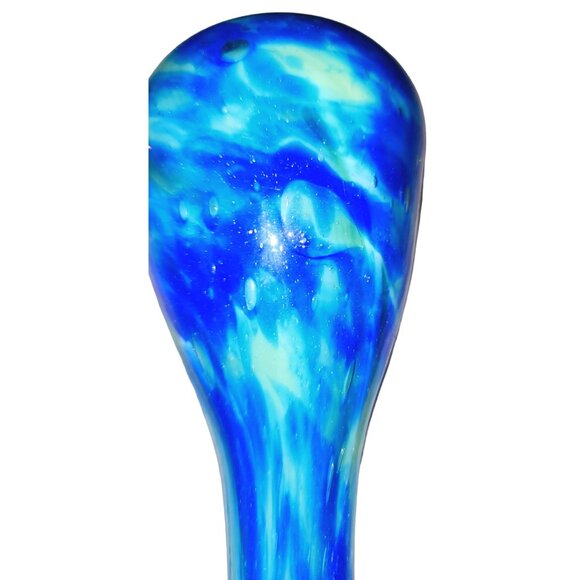 Hand Blown Blue & White Swirl Art Glass Vase With Abstract Fluted Rim 10 Inches - Picture 8 of 14